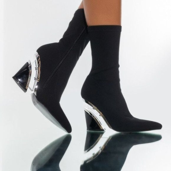 Callie Lives Shoes - Xena See it Through Black Wedge Sock Bootie 7.5